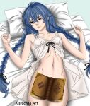  1girl ahoge bed belt blue_eyes blue_hair book braid censored commentary crossed_bangs english_commentary head_on_pillow indoors kistochka lingerie long_hair lying mushoku_tensei nightgown no_panties nude on_back on_bed open_belt pillow roxy_migurdia solo twin_braids underwear very_long_braid white_nightgown 