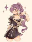  1girl absurdres alternate_costume alternate_hairstyle black_choker black_jacket black_shirt black_skirt breasts chimney_(chimney0311) choker cleavage closed_mouth commentary cropped_jacket cropped_legs english_commentary female_shez_(fire_emblem) fire_emblem fire_emblem:_three_houses fire_emblem_warriors:_three_hopes garreg_mach_monastery_uniform hair_over_one_eye hand_up high-waist_skirt high_side_ponytail highres jacket long_hair looking_at_viewer purple_eyes purple_hair shirt side_ponytail simple_background skirt smile solo sparkle three-quarter_sleeves wristband yellow_background 