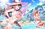  1boy 3girls absurdres animal_ears armpits arms_up attack ball bare_arms bare_legs bare_shoulders beach beachball bikini blindfold blue_bikini blue_bow blue_sky blush bow braid braided_ponytail breasts brown_hair brown_tail buried buried_in_sculpted_sand cat_ears cat_girl cat_tail chair cherry_blossoms cleavage cloud_(mongil:_star_dive) collarbone commentary_request creature criss-cross_straps day double_bun dutch_angle ears_through_headwear flower food francis_(mongil:_star_dive) frilled_bikini frills fruit gradient_bikini green_eyes gun hair_between_eyes hair_bow hair_bun hair_flower hair_intakes hair_ornament hand_on_own_hip hand_up hat heart heart-shaped_eyewear heart_o-ring highres holding holding_ball holding_beachball holding_gun holding_stick holding_water_gun holding_weapon large_breasts lens_flare light_particles long_hair looking_at_viewer lounge_chair medium_breasts midair mongil:_star_dive multicolored_hair multiple_girls mushroom nabezuru navel o-ring ocean official_alternate_costume one_eye_closed open_mouth ophelia_(mongil:_star_dive) orange_eyes pink_bikini pink_hair pink_streaks red_bikini rock sand sandals shallow_water shell sideboob sky slime_(creature) small_breasts smile standing stick stomach streaked_hair sun_hat sunlight swim_ring swimsuit tail thigh_strap thighs umbrella underboob upper_body verna_(mongil:_star_dive) very_long_hair water water_drop water_gun waterfall watermelon weapon wet white_bikini white_hair white_hat wrist_flower 