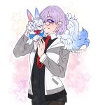  1girl animal_on_shoulder brown_pantyhose chaldea_logo commentary english_commentary fate/grand_order fate_(series) fou_(fate) glasses hair_over_one_eye highres mash_kyrielight medium_hair miniskirt neon_(theneonflower) pantyhose pleated_skirt purple_eyes purple_hair red_eyes skirt skirt_peek smile star_(symbol) tumblr_username two-tone_hoodie watermark 