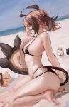  1girl absurdres ahoge alternate_costume ass barefoot bikini black_bikini black_hair black_tail blush breasts brown_hair closed_mouth creature day from_side gigi_murin grem_(gigi_murin) highres hololive hololive_english huge_ahoge legs multi-strapped_bikini_bottom multicolored_hair naokomama ocean on_ground outdoors small_breasts soles streaked_hair swimsuit tail thighs twintails virtual_youtuber 
