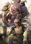  2girls ahoge baseball_bat blood blood_on_weapon brown_hair chain-link_fence commentary crossbow dark-skinned_female dark_skin demon_girl demon_horns earrings english_commentary eyepatch fangs fence hat heart heart_ahoge highres hoop_earrings horns indie_virtual_youtuber ironmouse jewelry long_hair looking_at_viewer mechanical_horns mole mole_on_forehead multicolored_hair multiple_girls open_mouth pink_eyes pink_hair pink_hat pointy_ears purple_hair purple_streaks skin_fangs streaked_hair twintails virtual_youtuber weapon yu_arima zombie 