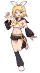  1girl belt black_sailor_collar black_shorts black_sleeves blonde_hair blue_eyes bow breasts commentary detached_sleeves full_body hair_bow hair_ornament hairclip headphones headset highres kagamine_rin leg_up leg_warmers midriff mirlo2hu navel neckerchief number_tattoo open_mouth parallel_hairclips sailor_collar shirt short_hair shorts simple_background sleeveless sleeveless_shirt small_breasts solo standing standing_on_one_leg tattoo vocaloid white_background white_bow white_shirt white_shorts yellow_belt yellow_neckerchief yellow_trim 
