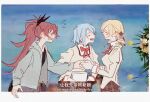  3girls black_shirt blonde_hair blue_hair blue_sweater blush border bow brown_skirt chinese_text commentary_request drill_hair ear_blush embarrassed english_text fang flying_sweatdrops from_side hair_bow highres long_hair mahou_shoujo_madoka_magica mahou_shoujo_madoka_magica_(anime) medium_hair miki_sayaka mitakihara_school_uniform multiple_girls open_mouth red_bow red_hair sakura_kyoko school_uniform screenshot_background shirt skirt smile subtitled sweater tomoe_mami twin_drills white_border white_shirt winehusk yuri 