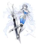  1girl absurdres blue_eyes breasts cleavage framed_breasts full_body grey_hair highres holding holding_sword holding_weapon jellyfish_girl joints long_hair looking_at_viewer original robot robot_joints solo sword water weapon white_background wooyoomokmin 
