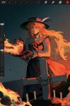  1girl art_program_in_frame black_hat black_skirt black_vest blonde_hair bouquet bow candle closed_mouth cross dolls_in_pseudo_paradise fedora fire grave hat hat_feather highres holding holding_bouquet jacket_girl_(dipp) long_hair long_sleeves ne2op red_bow shirt sidelighting skirt solo standing touhou very_long_hair vest white_shirt yellow_eyes 