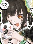 1girl :d ;d animal black_hair blunt_bangs blush_stickers braid braided_hair_rings breasts bun_cover cleavage cleavage_cutout clothing_cutout commentary double_bun eyebrows_hidden_by_hair green_wrist_cuffs hair_bun hair_ornament hair_rings hanamaru1705 hands_up heaven_burns_red highres holding holding_animal leaf leaf_on_head li_yingxia li_yingxia_(haochi_paradise_of_full_bellies) looking_at_viewer medium_hair official_alternate_costume official_alternate_hairstyle one_eye_closed open_mouth orange_eyes outline panda panda_hair_ornament sidelocks smile solo speech_bubble spoken_animal upper_body v-shaped_eyebrows white_outline wrist_cuffs 