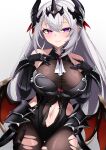 1girl absurdres ascot bare_shoulders black_gloves blush bodystocking breasts cleavage closed_mouth clothing_cutout commentary_request cowboy_shot demon_horns demon_wings gauntlets gloves grey_hair hair_between_eyes hands_on_own_chest highres horns large_breasts long_hair looking_at_viewer navel navel_cutout paid_reward_available pantyhose purple_eyes simona_(starward) smile solo starward torn_bodystocking torn_clothes torn_pantyhose user_ehrw3522 white_background white_hair wings 