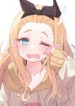  1girl absurdres black_hairband black_ribbon blonde_hair blue_eyes blush forehead grey_hoodie hair_behind_ear hair_ribbon hair_slicked_back hairband highres hood hood_down hoodie kurumi_(lycoris_recoil) long_hair looking_at_viewer lycoris_recoil one_eye_closed open_mouth ribbon rubbing_eyes simple_background sleepy solo sonoji squeans tsurime upper_body wavy_mouth white_background 