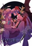  2girls back back_bow backless_shirt bat_wings blue_hair book bow chinese_commentary commentary_request crescent crescent_hat_ornament dress eye_contact flower from_side hat hat_ornament hat_ribbon holding holding_book lily_(flower) long_hair looking_at_another mob_cap multiple_girls open_mouth patchouli_knowledge pink_dress pink_hat pink_shirt pink_skirt pointy_ears purple_eyes purple_hair qin_xin red_bow red_eyes remilia_scarlet ribbon sample_watermark shirt skirt skirt_set smile touhou very_long_hair watermark white_flower white_lily wings 