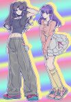  2girls arm_behind_head black_shirt blue_eyes blue_shoes breasts brown_hair closed_mouth earrings fate/stay_night fate_(series) frilled_skirt frills full_body gamjajeon11 green_pants highres hoop_earrings jewelry long_hair long_shirt looking_at_viewer matou_sakura medium_breasts midriff multicolored_shoes multiple_girls navel open_mouth orange_shirt pants purple_eyes purple_hair red_shoes shirt shoes short_sleeves siblings sisters skirt small_breasts sneakers socks tohsaka_rin twintails two-tone_shoes white_skirt yellow_socks 