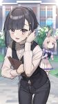  2girls :c animal_ears artist_name asymmetrical_bangs black_hair black_pants black_vest blurry blurry_background blush breasts buttons clipboard collared_shirt commentary_request cowboy_shot dated happy_meek_(umamusume) highres holding holding_clipboard horse_ears horse_girl jealous kiryuin_aoi leaning_forward lens_flare long_sleeves looking_at_viewer medium_hair multiple_girls nao_(syn_eaa) open_mouth orange_eyes outdoors pants pen pleated_skirt ponytail purple_shirt school school_uniform shirt shirt_tucked_in skirt small_breasts smile solo_focus summer_uniform tracen_school_uniform tree tucking_hair umamusume vest white_shirt white_skirt 