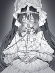 1boy blindfold bonnet bound bound_arms chain chain_leash collar commentary_request crossdressing crossdressing_(mtf) dokomilk double-parted_bangs dress frilled_bonnet frilled_dress frills gag gag_harness gagged gradient_background grey_background greyscale hair_between_eyes highres jewelry leash lock long_hair long_sleeves male_focus monochrome multiple_rings original padlock padlocked_collar plug_gag ring sidelocks simple_background solo trap twintails upper_body very_long_hair 