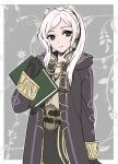  1girl black_eyes black_gloves black_robe book border commentary_request female_robin_(fire_emblem) fire_emblem fire_emblem_awakening gloves grey_background holding holding_book hood hood_down hooded_robe long_hair long_sleeves looking_at_viewer outside_border robe smile solo twintails umehime white_border white_hair 