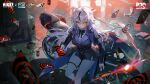  1girl black_bow black_hair black_shirt blue_eyes bow calling_card commentary english_commentary gloves goddess_of_victory:_nikke heterochromia highres long_hair long_sleeves looking_at_viewer motor_vehicle motorcycle multicolored_hair official_art on_motorcycle pantyhose persona persona_5 phantom_(nikke) second-party_source shirt sitting solo white_gloves white_hair white_pantyhose yellow_eyes 