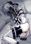  1boy absurdres anal anal_object_insertion ass bdsm black_ribbon blindfold bondage bound bound_arms bound_legs commentary_request crossed_bangs dokomilk double-parted_bangs feet_out_of_frame gag gagged grey_hair hair_between_eyes hair_ribbon highres hitachi_magic_wand legbinder long_hair lying male_focus male_penetrated nipple_clamps nipples object_insertion on_side original pillow plug_gag ponytail remote_control_vibrator ribbon sex_toy sidelocks solo straitjacket strap trap trembling vibrator vibrator_on_penis 