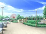  amusement_park beach_umbrella bench blue_sky bridge building bush carousel chair cloud day fence ferris_wheel game_asset grass houou_senki_maimu lamppost lounge_chair motor_vehicle no_humans non-web_source official_art outdoors park railing scenery self-datamine sky summer table television tent tree umbrella visual_novel_cg 