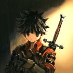  1boy belt belt_buckle black_belt black_eyes black_gloves black_hair buckle collared_jacket commentary_request fantasy gloves hair_between_eyes hands_up highres jacket jun_(navigavi) korean_commentary light_particles making-of_available male_focus no_pupils original parted_lips red_jacket scabbard sheath short_hair solo sword sword_on_back upper_body vambraces very_short_hair weapon weapon_on_back 