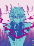  1boy bodysuit clenched_teeth clutching_head code_geass color_guide despair gloves highres kururugi_suzaku limited_palette long_sleeves nemui_si_nemui short_hair silhouette smoke solo_focus sweat teeth upper_body yellow_eyes 