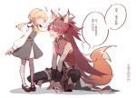  2girls aged_down animal_ears annoyed black_dress black_thighhighs blonde_hair boots bow brown_boots brown_shoes commentary dress fang flower fox_ears fox_girl fox_tail full_body hair_bow hair_flower hair_ornament highres kemonomimi_mode long_hair looking_at_another mahou_shoujo_madoka_magica mahou_shoujo_madoka_magica_(anime) multiple_girls open_mouth parted_lips ponytail red_dress red_eyes red_hair rubbing_ears sakura_kyoko sakura_kyoko_(magical_girl) shirt shoes skin_fang socks speech_bubble standing tail thighhighs tomoe_mami translation_request white_shirt white_socks winehusk yellow_eyes 