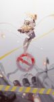  1girl absurdres black_boots black_corset blonde_hair boots brown_skirt commentary corset embers floating full_body highres magical_girl mahou_shoujo_madoka_magica mahou_shoujo_madoka_magica_(anime) purple_thighhighs ribbon road_sign rubble shirt short_hair sign skirt solo stop_sign thighhighs tomoe_mami tomoe_mami_(magical_girl) white_shirt winehusk yellow_ribbon 