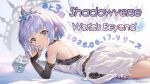  1girl 77gl ass back bare_shoulders black_bridal_gauntlets blue_hair bridal_gauntlets commentary_request company_name dated dress elf english_text glass green_eyes highres ice ice_cube lily_(granblue_fantasy) long_pointy_ears looking_at_viewer looking_back lying on_stomach parted_lips pointy_ears shadowverse shadowverse:_worlds_beyond short_hair simple_background solo tiara white_dress 