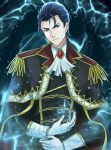  1boy ascot black_cape cape closed_mouth commentary_request commission electricity fire_emblem fire_emblem:_thracia_776 fire_emblem_heroes gloves hair_slicked_back highres kousetu0506 looking_at_viewer male_focus reinhardt_(fire_emblem) reinhardt_(thrud_reborn)_(fire_emblem) skeb_commission upper_body white_ascot white_gloves 