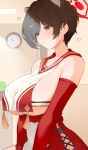  1girl absurdres animal_ears black_hair blue_archive blush breasts commentary extra_ears halo highres large_breasts loais looking_down raccoon_ears red_halo red_sailor_collar red_skirt sailor_collar short_hair shrug_(clothing) single_breast_curtain skirt sleepy solo squeans tsubaki_(blue_archive) underboob white_shrug 