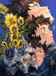  1boy black_hair black_scales blue_eyes commentary_request demon_horns facial_hair flower goatee_stubble happy_birthday hibino_kafka hibino_kafka_(kaiju_form) highres horns kaiju kaijuu_no._8 stubble sunflower transformation westerlies_p white_scales 