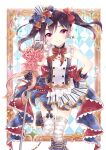  1girl argyle_clothes argyle_thighhighs black_gloves black_hair border bow closed_eyes gloves hair_bow holding holding_microphone_stand looking_at_viewer love_live! love_live!_school_idol_festival microphone_stand red_ribbon ribbon smile solo standing standing_on_one_leg striped_ribbon treble_clef twintails waist_bow white_border yazawa_nico zenyu 