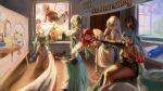  6+girls \m/ absurdres akashi_(azur_lane) anniversary azur_lane belfast_(azur_lane) black_hat blonde_hair breasts commentary cowpens_(azur_lane) english_commentary gag gagged green_hair hat highres holding holding_staff horned_hat i-404_(azur_lane) i-404_(dance_of_crimson_strings)_(azur_lane) indoors large_breasts low_twintails maggiore_baracca_(azur_lane) maid maid_headdress marco_polo_(azur_lane) multiple_girls official_alternate_costume one-piece_swimsuit paint_on_clothes painting_(object) raffaello_(azur_lane) saure_teigtasche shrug_(clothing) staff swimsuit thighhighs twintails white_hair white_hat white_one-piece_swimsuit white_shrug white_thighhighs william_d._porter_(azur_lane) window 