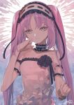  1girl arm_cuffs armpit_crease asymmetrical_dress bare_shoulders bracelet breasts choker commentary corsage dated dress fate/grand_order fate_(series) frilled_choker frilled_headwear frills grey_eyes hand_on_own_cheek hand_on_own_face headdress highres jewelry long_hair looking_at_viewer nao_(syn_eaa) necklace parted_bangs purple_hair ring signature sleeveless sleeveless_dress small_breasts solo stheno_(fate) straight-on twintails upper_body white_dress 