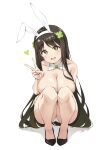  1girl absurdres animal_ear_hairband animal_ears black_shoes black_survival bow bowtie breasts brown_hair clover-shaped_pupils clover_hair_ornament commentary_request detached_collar eternal_return:_black_survival fake_animal_ears four-leaf_clover_hair_ornament green_bow green_bowtie green_eyes hair_ornament hairband heart highres komasi large_breasts light_blush long_hair looking_at_viewer open_mouth panties parted_bangs rabbit_ear_hairband rabbit_ears shadow shoes simple_background smile solo squatting sua_(black_survival) symbol-shaped_pupils topless_female underwear v very_long_hair white_background white_panties 