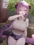  1girl arm_at_side baku_(sakihane_huya) black_horns blue_buruma blurry blurry_edges bra_visible_through_clothes breasts buruma commentary_request covered_navel cowboy_shot creature crew_neck dragon_girl dragon_horns dragon_tail fang gym_shirt gym_uniform hair_intakes hand_up highres horns impossible_clothes impossible_shirt korean_commentary large_breasts long_hair looking_at_viewer open_mouth orange_eyes ponytail purple_hair sakihane_huya shirt short_sleeves sitting skin_fang solo stellive sweat tail very_long_hair virtual_youtuber white_shirt wiping_sweat wo0ngw0ong 