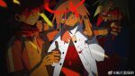  1girl 2boys bai_zhong_(false_memory) blackline55 blood blood_on_clothes blood_on_face blood_on_hand blood_on_neck blue_eyes chinese_commentary closed_eyes collar commentary_request crosshair crosshair_halo crying dark-skinned_male dark_skin false_memory fangs halo highres holding_another's_wrist hui_huo_(false_memory) jacket looking_at_viewer multiple_boys open_clothes open_mouth pink_hair purple_eyes ran_deng_(false_memory) shirt smile spiked_collar spikes thumbs_up watermark weibo_username weibo_watermark white_shirt 