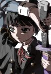  1girl black_hair closed_mouth commentary_request epaulettes green_eyes hanamaru1705 heaven_burns_red highres holding holding_sheath holding_sword holding_weapon jacket katana military_jacket military_uniform natsume_inori neck_ribbon red_ribbon ribbon sheath single_epaulette sword unsheathing upper_body weapon 