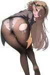  1girl ass bent_over black_shirt blush brown_eyes brown_hair brown_hairband chimyo commentary embarrassed flying_sweatdrops from_behind hair_ornament hairband highres jacket long_hair looking_at_viewer open_mouth panties panties_under_pantyhose pantyhose pointy_ears print_panties raised_inner_eyebrows ribbon rohne_(mayor)_(trickcal) rohne_(trickcal) shirt solo tears thighs torn_clothes torn_pantyhose trickcal underwear untranslatable_commentary very_long_hair white_background white_panties yellow_ribbon 