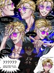  1boy 1girl absurdres black_hair blonde_hair blue_eyes choker coat collar commentary crossed_arms demoncursed_vayne desagreablelol ear_piercing earrings english_commentary glasses gloves hair_between_eyes hand_in_own_hair highres jewelry league_of_legends lips locke_(league) multiple_views piercing pointing purple-tinted_eyewear round_eyewear shirt smile speech_bubble tattoo thought_bubble tinted_eyewear vayne_(league) wolf_cut 