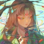  1girl branch brown_hair circle_facial_mark closed_mouth collarbone colored_smoke commentary english_commentary facial_mark floral_print gradient_hair green_background green_robe hand_up highres holding holding_smoking_pipe long_hair looking_to_the_side mole mole_under_eye multicolored_hair original portrait pyampom red_nails robe simple_background smoke smoking_pipe solo yellow_eyes 