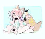  1girl :q ;q animal_ears aqua_shirt arm_support blush cardie_(ceroro) ceroro collar food full_body heart holding holding_food holding_ice_cream ice_cream ice_cream_cone long_hair looking_at_viewer off_shoulder one_eye_closed original pink_hair shirt short_sleeves smile solo sparkle thighhighs tongue tongue_out very_long_hair white_thighhighs yellow_eyes 