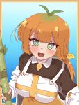  1girl absurdres antenna_hair apron blue_background blue_eyes blush brown_shirt coat commentary fang from_above gradient_hair green_hair heart heart-shaped_pupils highres holding holding_plant kyarot_(trickcal) looking_at_viewer multicolored_hair off_shoulder open_clothes open_coat open_mouth orange_hair plant prprbtt shirt skin_fang smile solo sugarcane symbol-shaped_pupils trickcal two-tone_apron upper_body white_apron white_coat yellow_apron yellow_pupils 