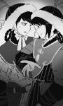  2boys arm_wrap armor batu_(tenmaku_no_jaadugar) belt black_hair braid braided_hair_rings commentary_request cousins fur-trimmed_headwear fur_trim gigantea_pp guyuk_(tenmaku_no_jaadugar) hair_rings highres lamellar_armor long_sleeves monochrome multiple_boys pauldrons shoulder_armor sweatdrop tenmaku_no_jaadugar 