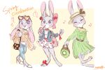  ! 1girl :3 ^_^ animal_ears animal_feet animal_nose arms_at_sides artist_name bag barefoot belt black_choker blue_jacket blue_pants blush boater_hat body_fur border bow breast_pocket breasts brown_hat buck_teeth cherry_earrings cherry_print choker closed_eyes closed_mouth clothes_writing commentary_request crop_top cup denim disposable_cup dress drink drinking drinking_glass drinking_straw earrings ears_down elbow_carry english_text facing_viewer fishnet_top fishnets food-themed_earrings food_print fruit_print furry furry_female green_dress grey_fur hair_bow hand_up handbag hands_up happy hat heart heart-shaped_eyewear high_heels highres holding holding_bag holding_cup holding_drink jacket jeans jewelry judy_hopps leg_up long_dress long_sleeves looking_at_viewer meme_(penpengusa_no_meme) midriff multiple_earrings multiple_views musical_note off-shoulder_dress off_shoulder open_clothes open_jacket open_mouth orange-tinted_eyewear orange_print orange_shirt outside_border pants partial_commentary pink_bow pocket print_dress print_shirt purple_eyes rabbit_ears rabbit_girl rabbit_tail red_choker red_ribbon ribbon shirt shoes shopping_bag short_dress short_tail signature simple_background sketch small_breasts smile speech_bubble split_mouth spoken_exclamation_mark standing standing_on_one_leg stud_earrings tail teeth tinted_eyewear two-tone_fur undershirt white_border white_dress white_fur white_shoes wide-eyed wide_sleeves wrist_ribbon yellow_background zootopia 