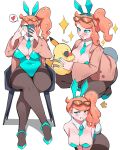  1girl alternate_ass_size_(larger) animal_ears aqua_eyes aqua_leotard aqua_nails aqua_necktie aqua_shoes black-framed_eyewear black_pantyhose blush breasts brown_coat coat collarbone commentary crossed_legs detached_collar eyewear_on_head fake_animal_ears fake_tail hair_ornament heart heart_hair_ornament high_heels highres large_breasts leotard multiple_views necktie orange-tinted_eyewear orange_hair pantyhose pikachu pokemon pokemon_(creature) pokemon_sword_and_shield rabbit_ears rabbit_tail rikkachan1710 shoes side_ponytail side_ponytail_with_hair_base solo_focus sonia_(pokemon) strapless strapless_leotard sunglasses swept_bangs tail thighband_pantyhose tinted_eyewear white_background 