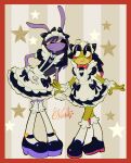  2girls absurdres animal_ears apron artist_name black_dress black_eyes black_hair black_shoes blush_stickers border chilakilleador clothing_cutout colored_sclera commentary dress frilled_wrist_cuffs frills frog_girl furry furry_female gloves heart_cutout highres jax_(female)_(the_amazing_digital_circus) jax_(the_amazing_digital_circus) kneehighs maid maid_headdress multiple_boys multiple_girls official_alternate_costume puffy_short_sleeves puffy_sleeves rabbit_ears rabbit_girl red_border ribbit_(the_amazing_digital_circus) shoes short_sleeves smile socks star_(symbol) striped_background the_amazing_digital_circus thighhighs untranslatable_commentary vertical-striped_background white_apron white_gloves white_socks white_thighhighs wrist_cuffs yellow_sclera 