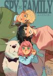  1boy 2girls adoptive_parent_and_adoptive_child alternate_costume anya_(spy_x_family) black_hair blonde_hair blue_eyes blush bond_(spy_x_family) bow child commentary copyright_name dog dress earrings english_commentary family gold_earrings great_pyrenees green_eyes green_sweater hairband hairpods highres jacket_mine jewelry long_hair long_sleeves looking_at_viewer multiple_girls necklace open_mouth parent_and_child pink_hair pink_sweater posing red_eyes short_hair smile spy_x_family sweater twilight_(spy_x_family) white_dog yor_briar 
