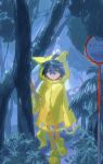  1boy :< alternate_costume black_hair boots coat commentary_request crossed_bangs forest highres hood hood_up hooded_coat kieran_(pokemon) leaf leaf_on_head long_sleeves multicolored_hair nature open_mouth orange_eyes outdoors plant pokemon pokemon_scarlet_and_violet purple_hair qianzhi_(akv31dh8ypasgvx) rain raincoat rubber_boots sign solo tree triangle_mouth wide_sleeves yellow_boots yellow_coat yellow_raincoat 