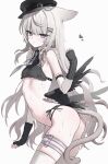 1girl animal_ears arched_back ass black_hat black_wings blush breasts cat_ears cat_girl cat_tail closed_mouth commentary_request commission cowboy_shot from_side grey_hair hand_up hat heart highres long_hair looking_at_viewer looking_to_the_side navel original raku_(inthenaraka) resia_(emonmong) second-party_source simple_background small_breasts solo sweat tail thighhighs very_long_hair white_background white_thighhighs wings 