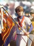  3boys baseball_uniform belt black_belt blurry blurry_background brown_eyes brown_hair closed_mouth commentary_request daiya_no_ace flag goggles gold_medal highres holding holding_flag kawasaki_kirio looking_to_the_side male_focus miyuki_kazuya multiple_boys pants sawamura_eijun solo_focus sportswear sunlight white_pants 