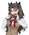  1girl absurdres black_ribbon blue_eyes blush breasts brown_hair brown_vest commentary fate/stay_night fate_(series) hair_over_mouth hair_ribbon highres holding_own_hair homurabara_academy_school_uniform long_hair long_sleeves looking_at_viewer neck_ribbon pudding_hl red_ribbon ribbon school_uniform shirt simple_background small_breasts solo tohsaka_rin twintails two_side_up vest white_background white_shirt 